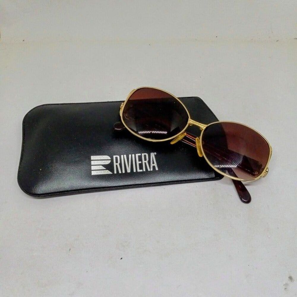Vintage Riviera Square Metal Sunglasses-Soft Case-Handmade-Enamel Accent